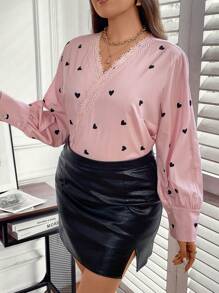 SHEIN Clasi Hơn In Trái tim Đồ trang trí Lace hoa văn Tay áo lồng đèn Chèn ren Guipure Áo sơ mi - Hồng - Xem 5