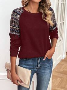 SHEIN LUNE Sudadera con estampado geométrico de manga raglán - Burdeos - Ver 4