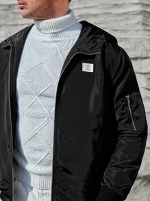 Mainfolk 男式加大码字母拼接拉链连帽棉服外套，适合秋冬 - 黑色 - 查看 6
