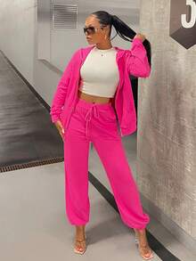 SHEIN X GiudiceGirls Zip Up Drawstring Hooded Sweatshirt - Hot Pink - View 6