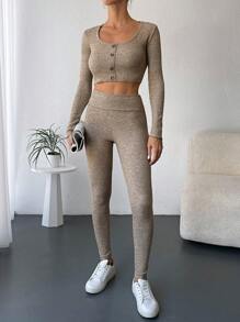 EURMUSE Button Front Crop Tee & Leggings - Khaki - View 4