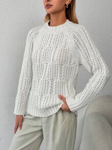 EURMUSE Jersey tejido de cable de manga raglán - Blanco - Ver 3