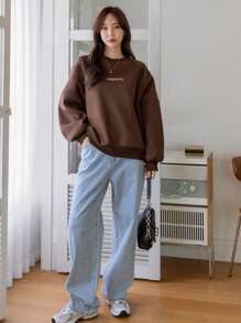 Dazy-Less 字母图案插肩袖保暖内衬超大套头衫、长袖上衣、秋装运动衫 - 棕色 - 查看 4