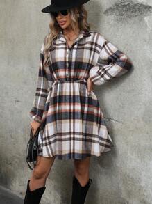 SHEIN LUNE Plaid Print Half Button Shirt Dress - Multicolor - View 5