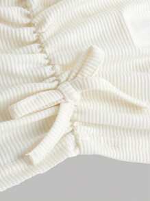 SHEIN 少女編織純色肋領褶皺長袖休閒T卹 - 米色 - 查看 4