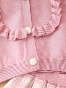 SHEIN Cô Gái Trẻ Viền Ruffle Nơ mặt trước Áo len Mở & Kẻ sọc Xếp li Váy len nửa mảnh - Hồng - Xem 5