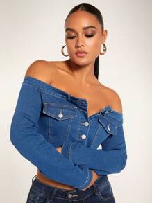 SHEIN BAE Off Shoulder Flap Pocket Denim Jacket - Medium Wash - View 6