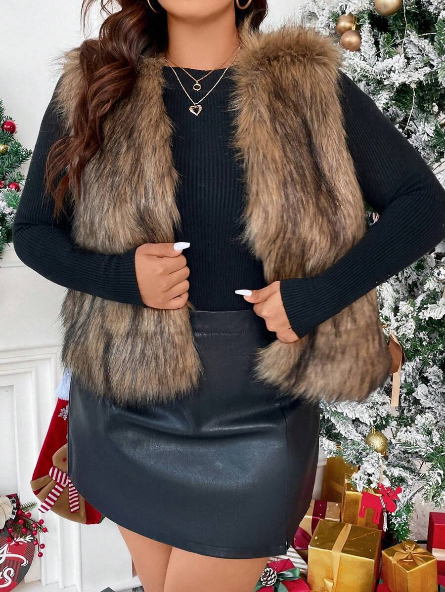 Calvaya 冬季大码女式人造毛皮边饰无袖夹克 - 棕色 - 查看 1