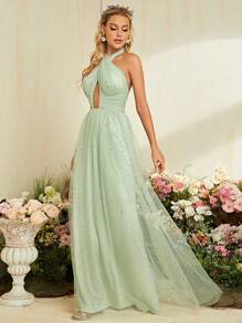 交叉露背網紗正式洋裝 - 薄荷綠 - 查看 6