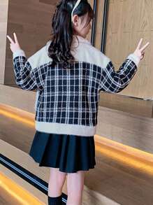 SHEIN Tween Girl Plaid Pattern Drop Shoulder Tweed Overcoat - Black - View 2