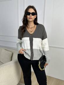 SHEIN LUNE Plus Colorblock Cable Knit Raglan Sleeve Cardigan - Multicolor - View 3