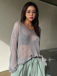DAZY Solid Drop Shoulder Open Knit Sweater - Light Grey - View 6