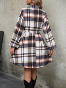 SHEIN LUNE Plaid Print Half Button Shirt Dress - Multicolor - View 2