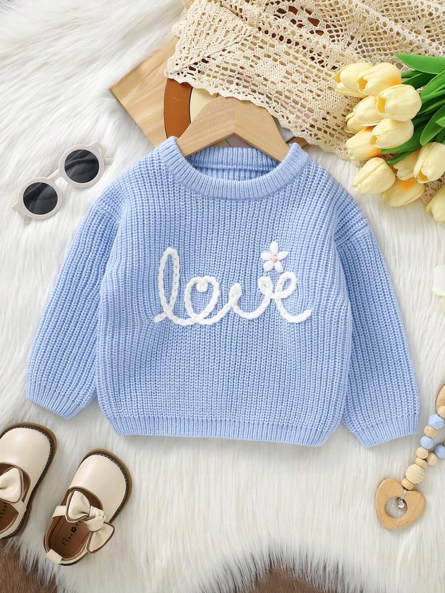 SHEIN Baby Girl Letter Pattern Drop Shoulder Sweater - Baby Blue - View 1