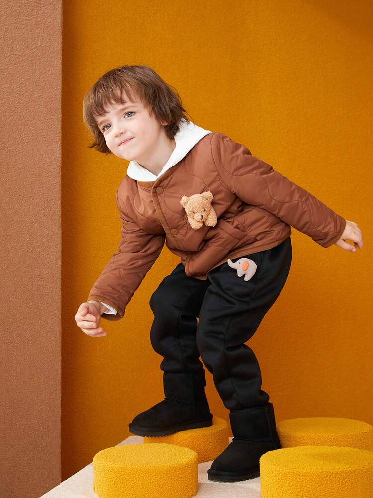 Young Boy 3D Bear Applique Button Up Quilted Coat