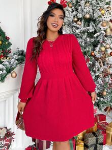 SHEIN Unity Plus Cable Knit Lantern Sleeve Sweater Dress - Khaki - View 4