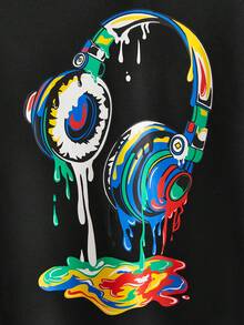 SHEIN EZwear Plus Size Headphone Print Drop Shoulder Sweatshirt - Black - View 5