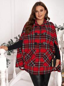 SHEIN Clasi 大碼格紋印花連帽粗呢斗篷大衣 - 紅色 - 查看 3