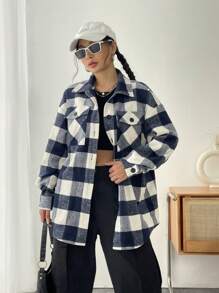 SHEIN Unity Women Overcoats Kantong Tombol Depan Kain genggang Plaid Casual - Blue and White - View 5