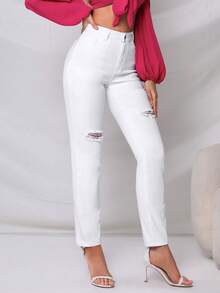 SHEIN Privé High Waist Ripped Skinny Jeans - White - View 5