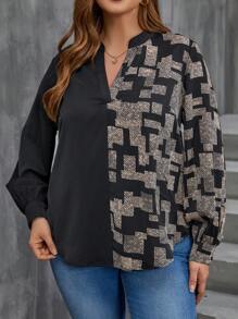 SHEIN LUNE Plus Size Women's Patchwork Printed Shirt With V-neckline - Multicolor - View 4