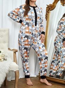 Plus Cartoon Graphic Contrast Binding Sleep Jumpsuit, Pajama Jumpsuit, For Fall, Winter - Multicolor - View 4