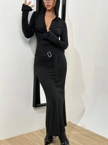 SHEIN Unity 垂領前收褶高衩腰帶緊身洋裝 - 黑色 - 查看 4