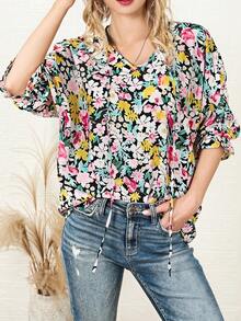 Allover Floral Print Batwing Sleeve Blouse - Multicolor - View 1