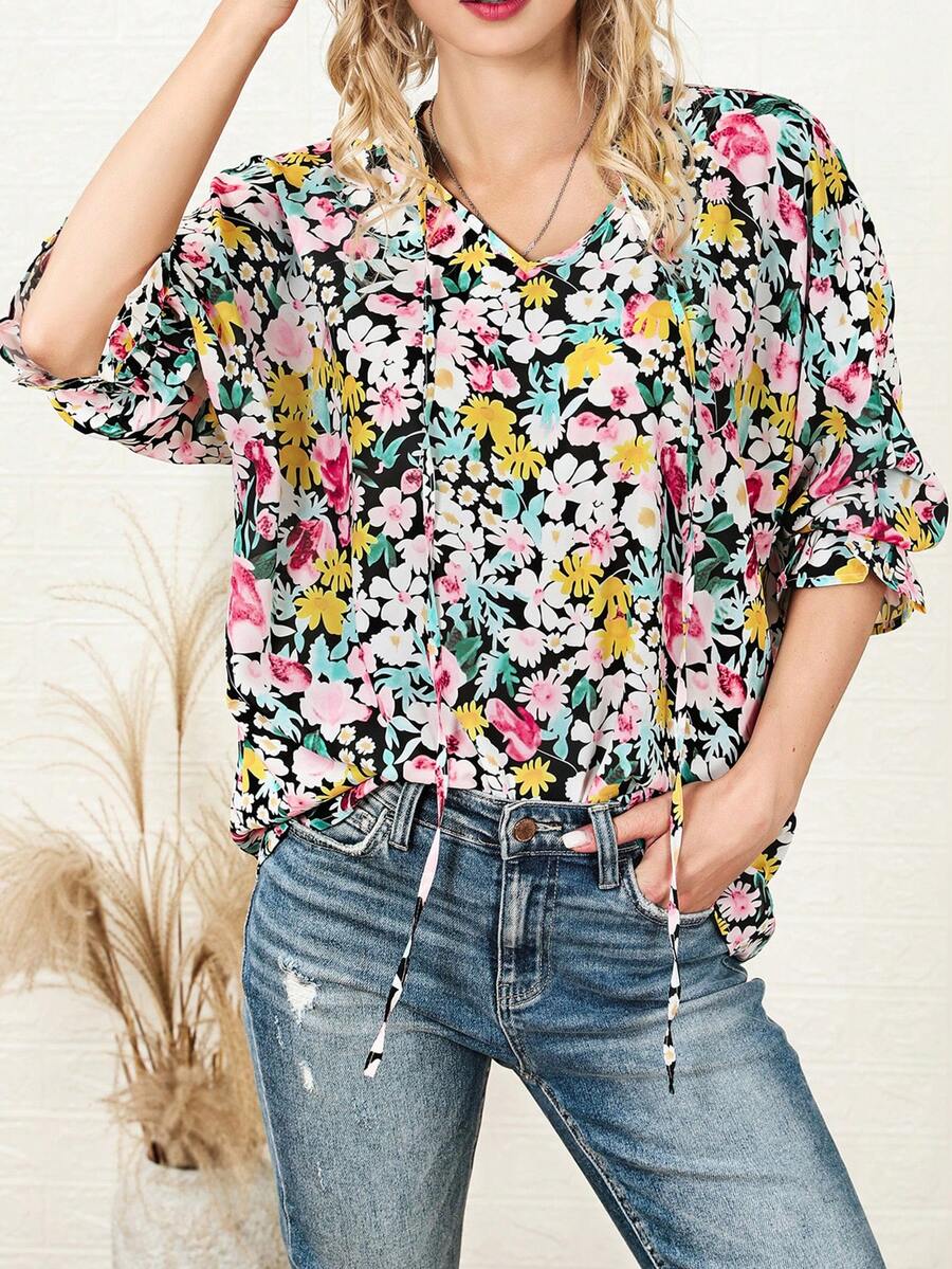 Allover Floral Print Batwing Sleeve Blouse - Multicolor - View 1