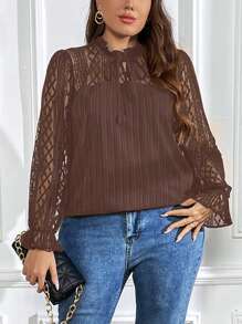 SHEIN LUNE Plus Contrast Lace Flare Sleeve Tie Neck Blouse - Coffee Brown - View 3