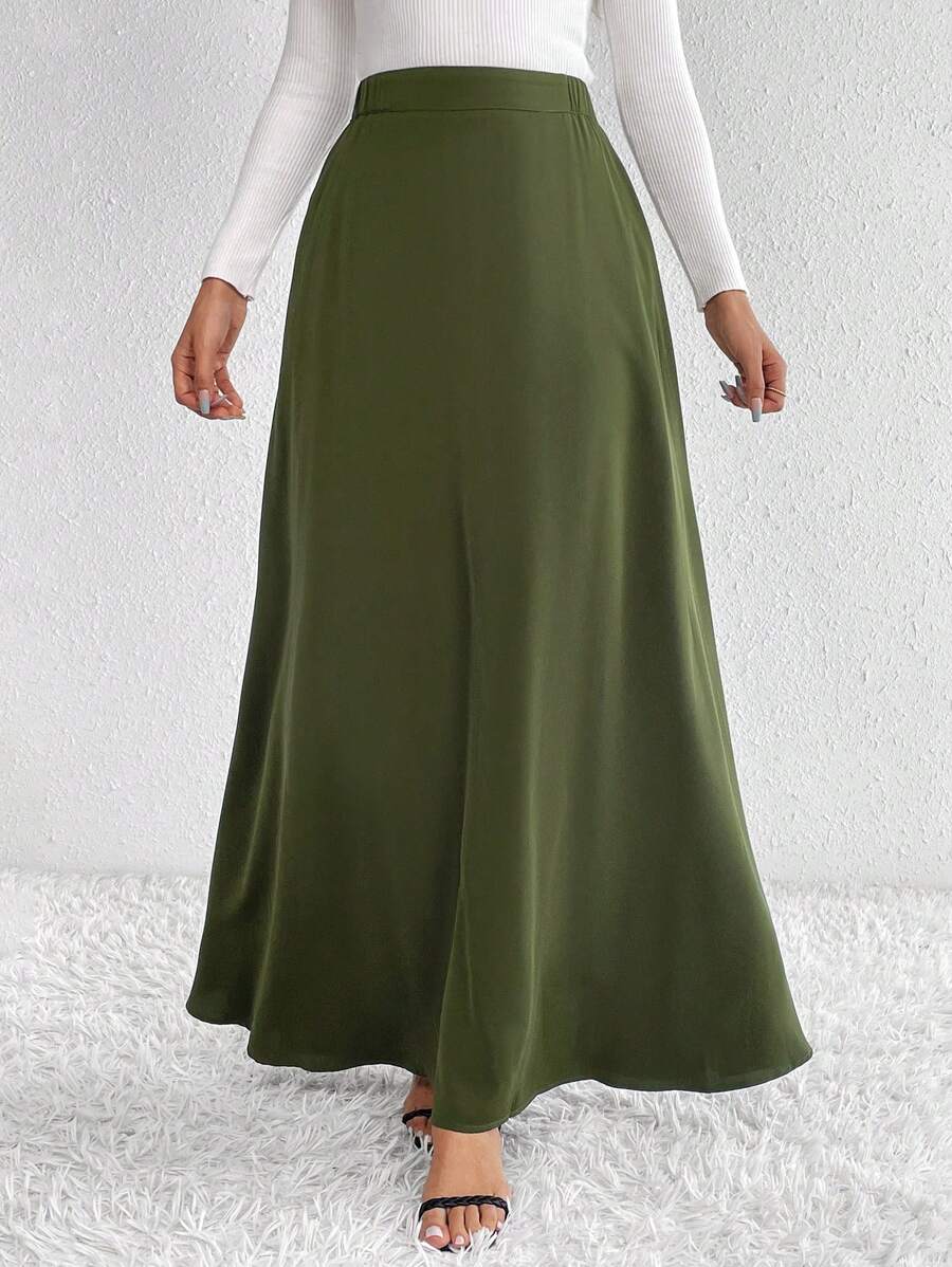 SHEIN Tall Falda larga unicolor de talle alto línea A - Verde Oscuro - Ver 1