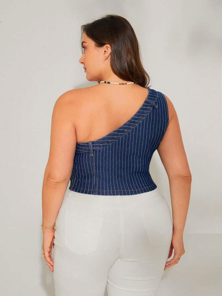 Plus Striped Print One Shoulder Crop Denim Top