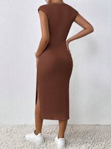 SHEIN Frenchy Vestido de mujer con textura y raja frontal - Café integral - Ver 2