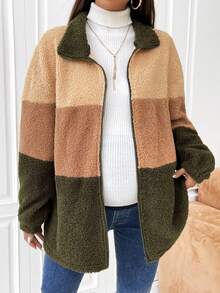 SHEIN 孕婦撞色落肩袖絨毛外套 - 彩色 - 查看 4