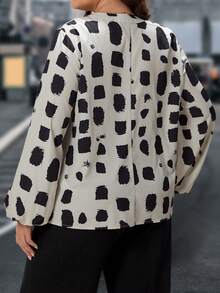 EMERY ROSE Plus Allover Print Lantern Sleeve Blouse - Khaki - View 2