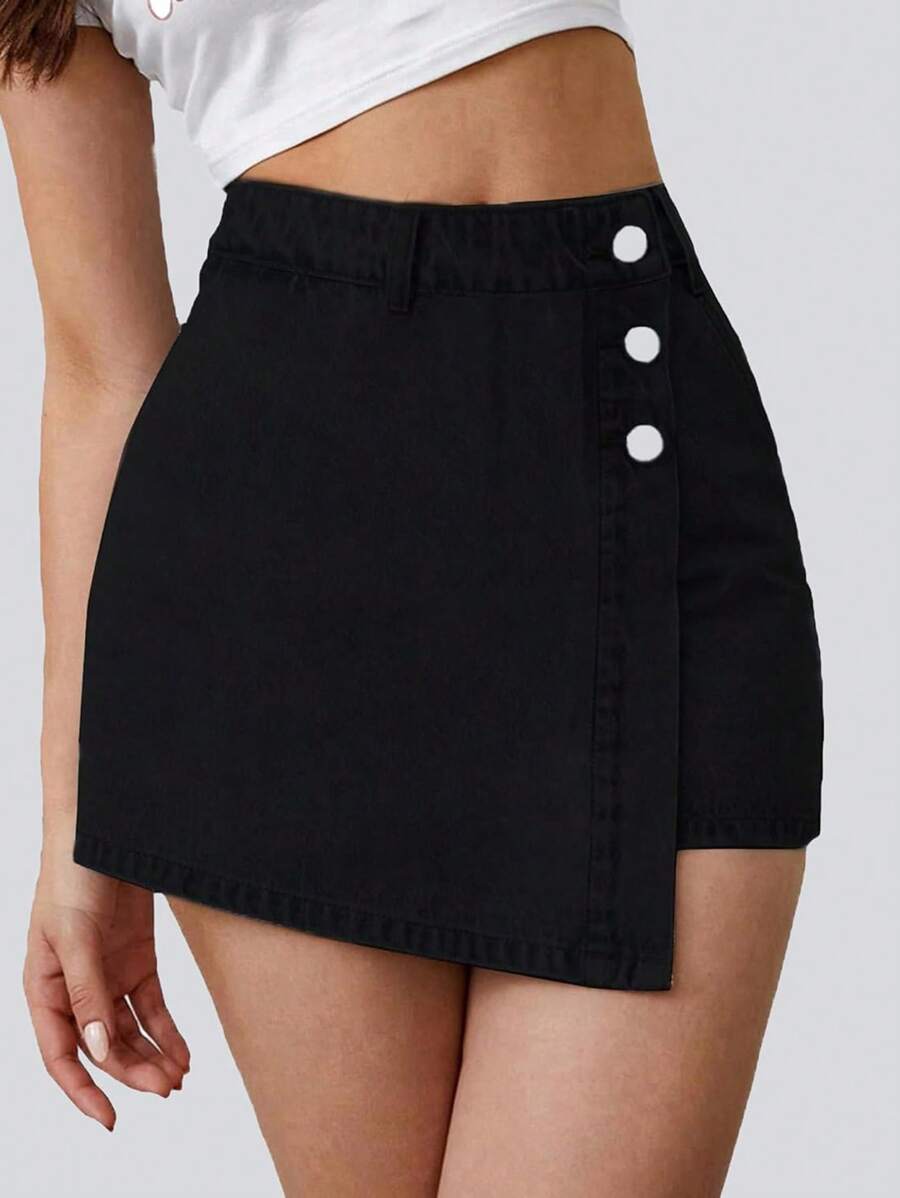 Button Front Asymmetric Denim Skort