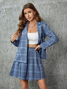 RueChic Women's Plaid Notch Collar Coat And Mini Skirt Suit - Multicolor - View 4