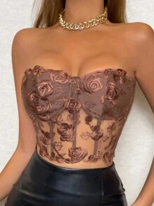 Allurite Top bandeau con bordado floral de malla - Café integral - Ver 1