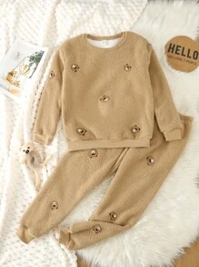 Tween Boy Bear Embroidery Flannel PJ Set - Brown - View 1