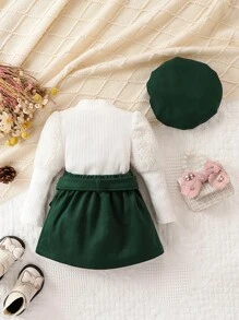 SHEIN Baby Girl Mock Neck Tee & Asymmetrical Hem Skirt & Hat - Army Green - View 2