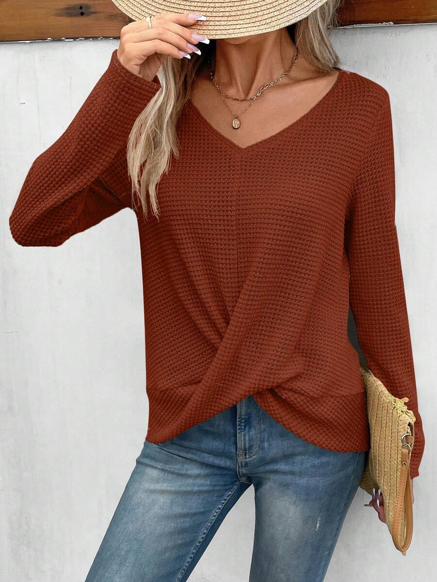 SHEIN Frenchy Chất rắn Viền xoay tròn Áo thun - Màu Tím - Xem 1
