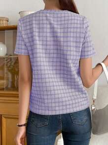 DAZY 格紋印花圓領t恤 - 紫色 - 查看 2