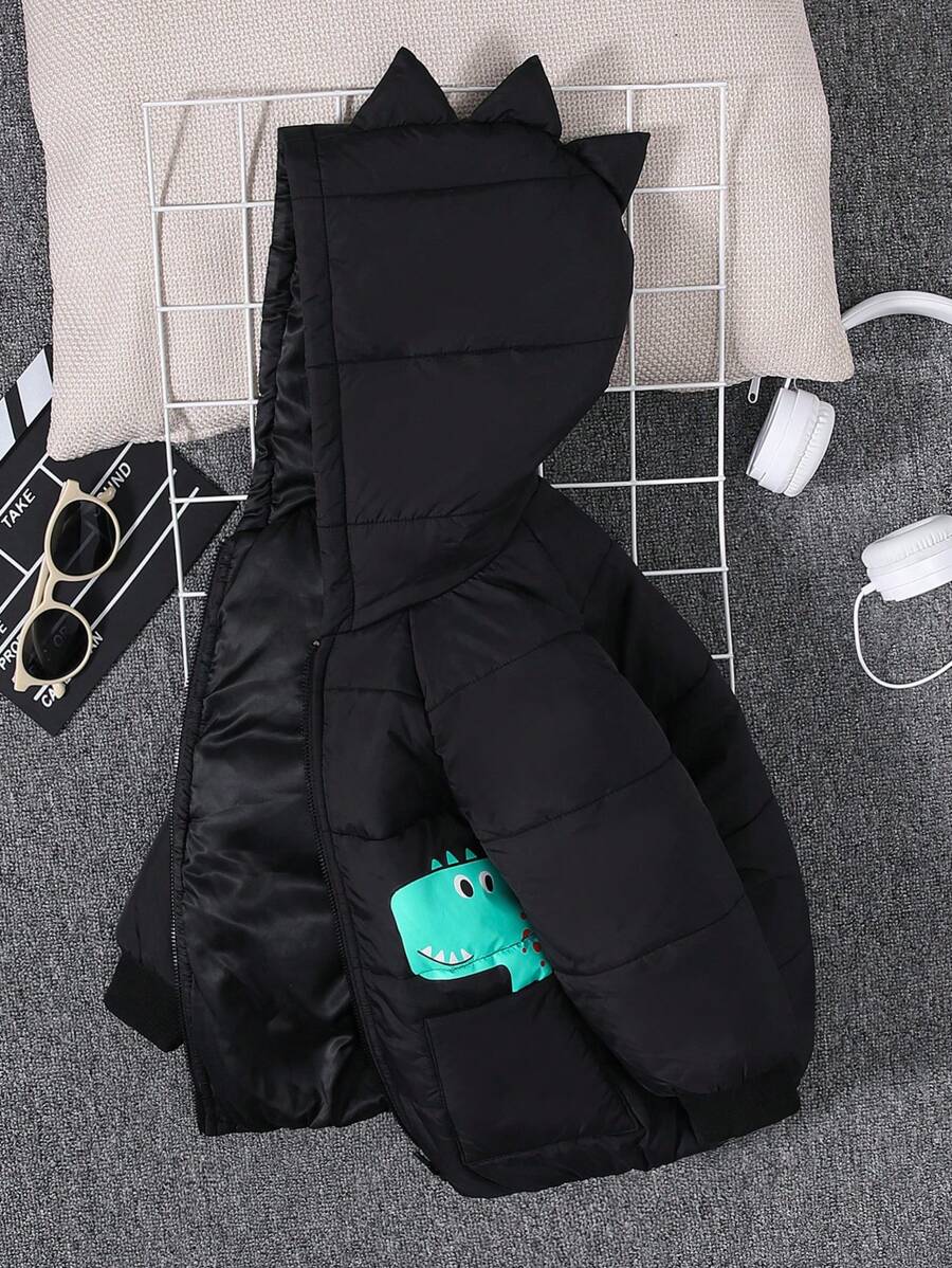 SHEIN 小男孩休閒加厚連帽羽絨衣/外套，可愛恐龍設計，帶 3d 耳朵和肩章，冬季 - 黑色 - 查看 1