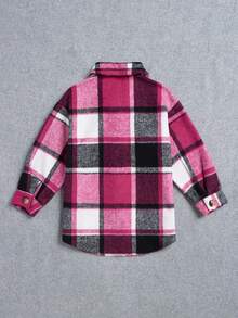SHEIN 女小童格紋印花口袋貼布前紐扣花呢外套 - 玫紅色 - 查看 2