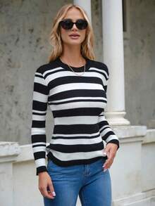EURMUSE Jersey con patrón de rayas tejido de canalé - Blanco y Negro - Ver 6