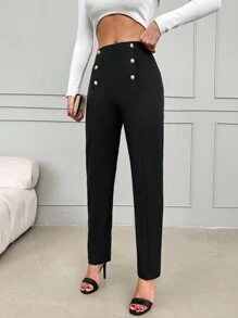 SHEIN Cottnline High Waist Button Detail Pants - Black - View 4