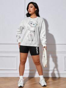 SHEIN Unity Cat Print Drop Shoulder Sweatshirt Pullover Fall Sweatshirt - White - View 4