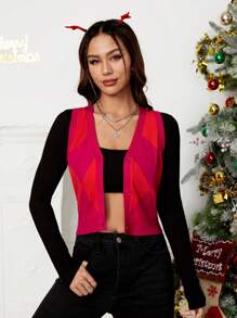 SHEIN EZwear 菱形印花前紐扣毛衣背心不帶T恤 - 彩色 - 查看 3