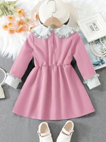 SHEIN Cô Gái Trẻ In hoa Trang trí ren Peter-pan cổ áo Đầm - Hồng - Xem 2