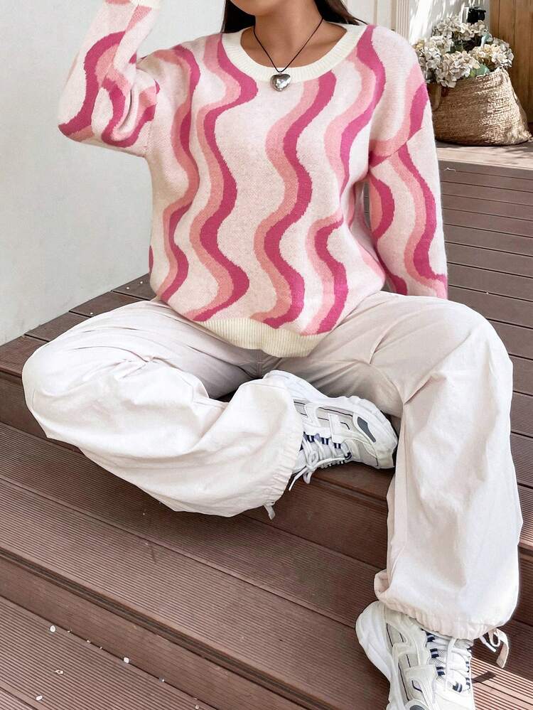 Plus Wave Striped Pattern Drop Shoulder Sweater Knit Pullover Fall Winter Sweater